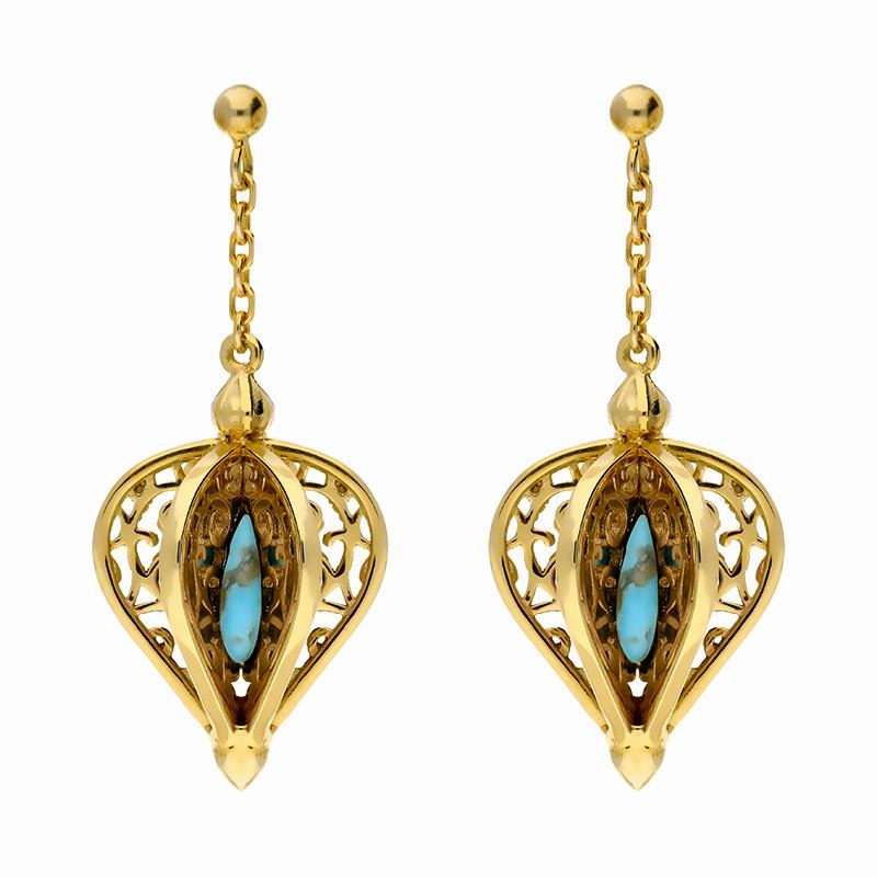 Yellow Gold Plated Sterling Silver Turquoise Flore Filigree Drop Earrings