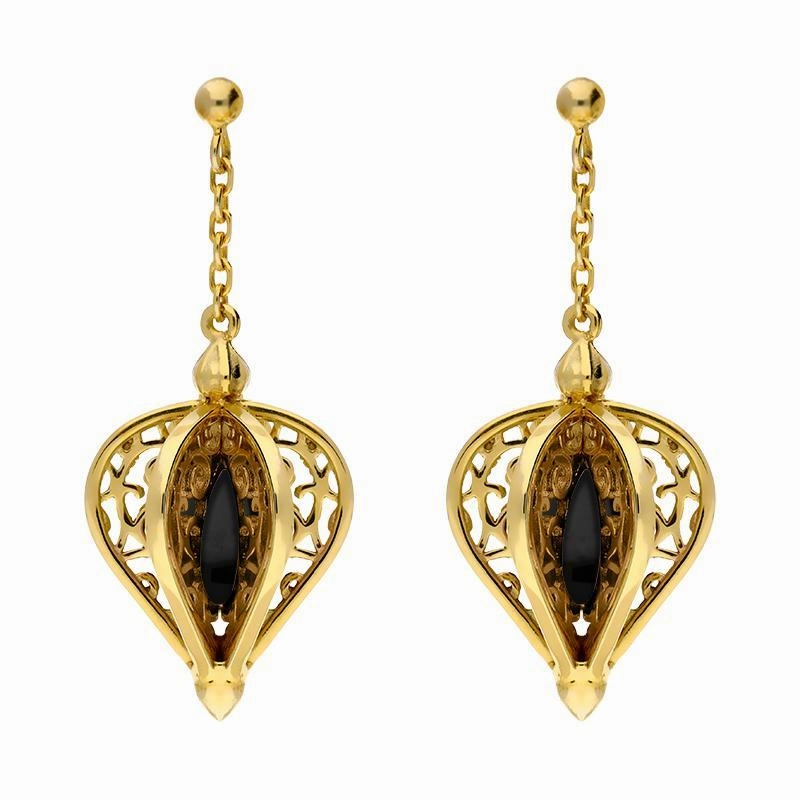 Yellow Gold Plated Sterling Silver Whitby Jet Flore Filigree Drop Earrings