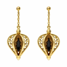 Yellow Gold Plated Sterling Silver Whitby Jet Flore Filigree Drop Earrings