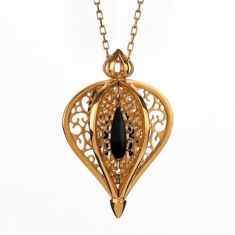 Yellow Gold Plated Sterling Silver Whitby Jet Flore Filigree Small Necklace