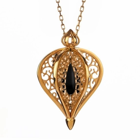 Yellow Gold Plated Sterling Silver Whitby Jet Flore Filigree Small Necklace