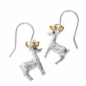 Yellow Gold Sterling Silver Plated Green CZ Reindeer Drop Earrings