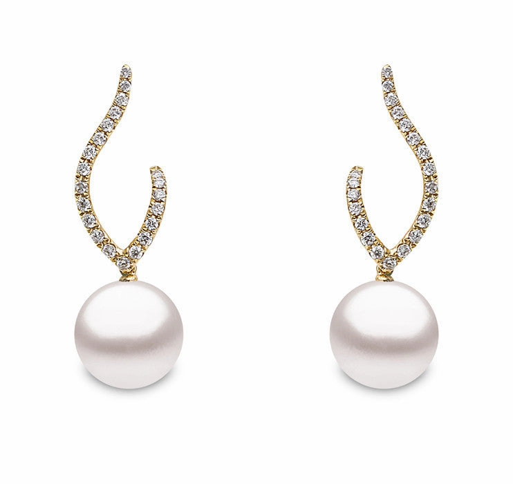 Yoko Pearls 18ct Yellow Gold 0.22ct Diamond Freshwater Pearl Double Curve Drop Earrings