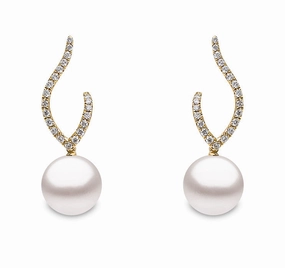 Yoko Pearls 18ct Yellow Gold 0.22ct Diamond Freshwater Pearl Double Curve Drop Earrings